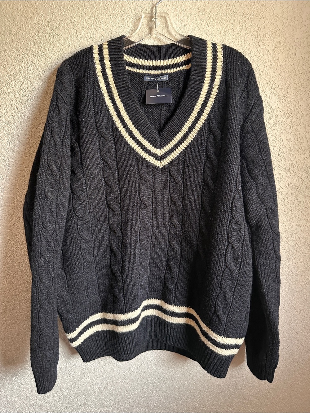 Brandy Melville Cable-Knit V-Neck Sweater with Cream Trim